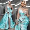 Glamorous Lake Blue Abiti da sera High Illusion Maniche lunghe Abiti da ballo Strass Side Split Long Celebrity Women Formal Par198s