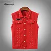 Chaquetas para hombres dimusi otoño hombre chaleco vintage jeans chaleco macho rojo revit chaquetas sin mangass hombres agujeros de retor jeans chalecos ropa 5xl l230721