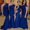 2020 Nouvelle Africaine Sexy Bleu Royal Longue Demoiselle D'honneur Robes Une Épaule Sirène Satin Étage Longueur Plus La Taille Formelle Fête De Mariage Gu268H