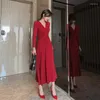 Robes décontractées 2023 rouge à manches longues col en V une ligne tricot robe de pansement printemps haut de gamme Vintage femmes bureau dame élégante fête