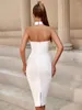 Robes décontractées Style dos nu femmes robe Bandage sans manches licou genou longueur Vestidos Sexy fête discothèque été blanc