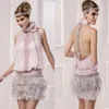 Vintage Great Gatsby Roze Hoge Hals Korte Cocktailjurken Met Veer Sparkly Kralen Backless Prom Party Gelegenheid Gowns2693