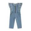 Barboteuses -02-20 Lioraitiin 0-6ans Toddler Kids Girls Denim Jumpsuits Patchwork Fly Sleeve Zipper-Up Ceinture Loop Romper Playsuits 230720