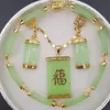 Natural Green Jade 18KWGP Fortune Pendant Necklace Drop Earring Bracelet set2487