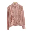 20 neue Frühjahr Frauen Rosa Spitze Bluse Sweety Mädchen Mesh-Shirt Laterne Hülse Rollkragen Blousas Grundlegende Tops Outwear Böden