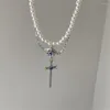 Choker Vintage Style Proste eleganckie imitacja Pearl Koraliki Krzyża Naszyjnik dla kobiet damski biżuteria