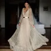 Boho Champagne Wedding Dresses V Neck Long Sleeves Sequined Bridal Gowns Floor Length Plus Size Beach Bohemian Wedding Dress3236