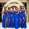 Royal Blue Lace Appliqued Chiffon Bridesmaid Dresses Cheap African Side Split Prom Evening Gown Long Formal Maid Of Honor Dresses 241u