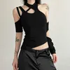 Women's T Shirts Irregular Cut Out Techwear Fashion T-shirts Cyber Y2k Gothic Open Shoulder Sexy Crop Tops Punk Bodycon Women Black Tee