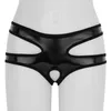 Donne Latex Lingerie Intimo sexy Erotico Femminile Ecopelle Micro Bikini Slip Con apertura sul cavallo Fori della fica Femminuccia Mutandine Perizoma Wo298I