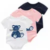 Neonati maschi Pagliaccetti di marca Tute a maniche corte per bambini in cotone Lettere stampate Tutine neonato con orso di cartone animato Abbigliamento per neonati