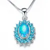 Colares com Pingente Aqua Blue Zircon Oval Colar de Opala Cristal de Luxo Vintage Corrente Cor de Prata Para Mulheres Jóias