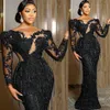 Aso Ebi 2021 Arabic Plus Size Black Luxurious Sheath Prom Dresses Lace Beaded Sheer Neck Evening Formal Party Second Reception Gow262S