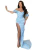 Sexy Jolie Lumière Bleu Ciel Satin Mermiad Robes De Bal Avec Haut Côté Split Hors Épaule Formelle Robes De Soirée Robe De Soirée De Célébrité302g