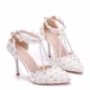 Downton Scarpe da sposa fatte a mano con perle e pizzo Scarpe da sposa a punta Scarpe da damigella d'onore Prom Party con cristalli Cavigliere tacco 9cm 312p