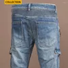 Jeans Masculino Moda de Rua Masculino Retro Azul Elástico Ajuste Justo Emenda Biker Homme Bolso Grande Zíperes Designer Calças Hip Hop