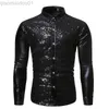 Camisas casuales para hombres Camisa de club nocturno con lentejuelas negras brillantes para hombres 2023 Nueva marca Slim Fit Party Wedding Glitter Hombres Camisa de vestir Cantante de escenario Prom Come L230721