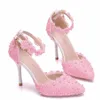 Elegante rosa branco rendado sapatos de casamento para noiva pérolas festa formatura noite bombas sapatos de noiva carretel calcanhar pontiagudo frisado188z