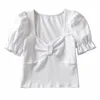 She'sModa Vintage Sticked French Style Square Collar Women's Top Tee Short Puff