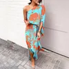 Festklänningar kvinnor lös axel midja tryck lång klänning mode maxi mantel vestido elegante kjol femme sexig strandkläder sommar