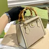 Diamond diana draagtas canvas lederen crossbody tassen bamboe handvatten klassieke kristallen decor afneembare schouderriem mini boodschappentassen