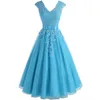 Col en V A-ligne Tulle Robe de demoiselle d'honneur Robe de demoiselle d'honneur longueur thé Robe de soirée Robe corsage plissée Faite sur mesure avec Applique261Q