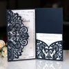 Romantic Dark Navy Spring Flower Glittery Laser Cut Pocket Wedding Invitation Kits Anpassningsbara inbjudningar216y