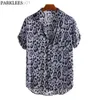 Camisas casuales para hombres Camisa con estampado de leopardo para hombres Camisa hawaiana de manga corta con botones casuales para hombres Tropical ha Ropa de playa sexy Chemise Homme L230721