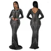 Casual Dresses Kexu Rhinestone Mesh Sheer Sexig glittrande maxi Elegant Vacker födelsedagsklänning Kvinnor Lång ärm rygglös Bodycon