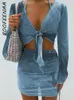 Two Piece Dress BOOFEENAA Sexy Set Blue Tie Dye Mesh Crop Top Cardigan Mini Skirts Beach Wear Vacation Outfits Summer 2023 C85 CZ16 230721