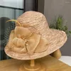 Breda randen hattar sommarkvinnor faux pärlor blommor dekor hink hatt elegant spets sol sömnad strand fascinator