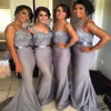 Silver Grey Mermaid Long Bridesmaid Dresses with Applique Lace Ribbon One-Shoulder Vestidos Lady wear Wedding Formal Party Gowns 2242r