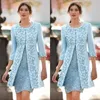 Stunning 2019 Light Blue Mother of the Bride Lace Dresses with Jacket Jewel Neck Sheath Floral Lace and Satin Short Wedding Guest 313T