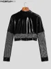 Men's Sweaters Tops 2023 American Men's Fashion Artificial Leather Splice Network Card Misetta Mid Neck Long Sleeve T-shirt S-5XL Z230721