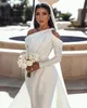 Dubai árabe plus size vestidos de casamento sereia para noiva um ombro mangas compridas cetim lantejoulas frisado faixas de trem vestidos de noiva vestidos de novia