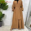 Ethnic Clothing Simple Muslim Dress Elastic Cuff Silky Elegant pure Color Long Muslim Abayas Women Modest Wear Clothing EID robes F3003 230721