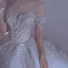 Boho-Hochzeitskleid 2023, Perlenquasten, Kristall, weiß, glitzernd, Strandbrautkleider, rückenfrei, Puff-Tüll, Brautkleider, langer Zug, Gothic-Vintage-Brautkleider, glänzendes Kleid