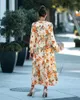 Casual Dresses Floral Print Midi för kvinnor Autumn 2023 Bohemian A-Line Draped Lantern Sleeve Beach Wear Holiday Sexig V Neck Party Dress