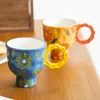 Tazas de café de cerámica con margaritas pintadas a mano de 220ml con asa, taza de té de la leche Floral de estilo coreano, apta para microondas