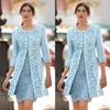 Stunning 2019 Light Blue Mother of the Bride Lace Dresses with Jacket Jewel Neck Sheath Floral Lace and Satin Short Wedding Guest 313T