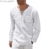 Men's Sweaters Summer New Men's Long Sleeve T-shirt Cotton Linen Dress V-Neck Lace Loose Top T-shirt Beach Casual Zipper S-4XL Z230721