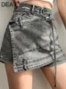 Юбки Deat Fashion Женская джинсовая юбка с высокой талией нерегулярной цепи сплайсированной серой над коленом.