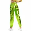 Женские штаны Capris Женщины блестящие голографические штаны с высокой талией металлические брюки танце