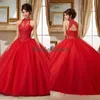 Sexig röd quinceanera klänningar hög hals spetsar applikationer boll klänning prom party klänningar 2020 öppen rygg korsett brithday söt 16 klänning 202244o