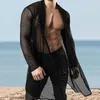 Men's Sweaters Sexy Male Hollow Out Knit Long Cardigan Streetwear Men Fashion Perspective Long-sleeved T Shirts Beach Vacation Tops