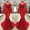 Red Lace Mermaid Evening Dresses Sexy Illusion Poet Long Sleeves High Neck Appliqued Beaded Long Party Pageant Gowns Prom Dress221S