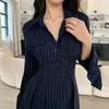 Women's Tracksuits Short Sets Slim Casual Sexy Waist Striped Shirt Dress Mini Two Piece Womens Outifits Office Lady Wide Leg Shorts Clothes