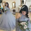 Plus Size Silver Princess Wedding Dresses Bridal Dress 2022 High Neck Lace Beaded Sweep Train Long Sleeve Arabic Church Wedding Go2430