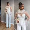 Illusion Long Sleeve Prom Jumpsuit with Belt Arabic High Neck Ruffles Lace Stain Women Occasion Evening Dress with Pant Suit332z