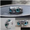 Band Rings Retro Cute Simple Design Owl Ring Mticolor Eyes Sier Color Men Women Engagement Jewelry Gifts Resizable Drop Delivery Dhkyq